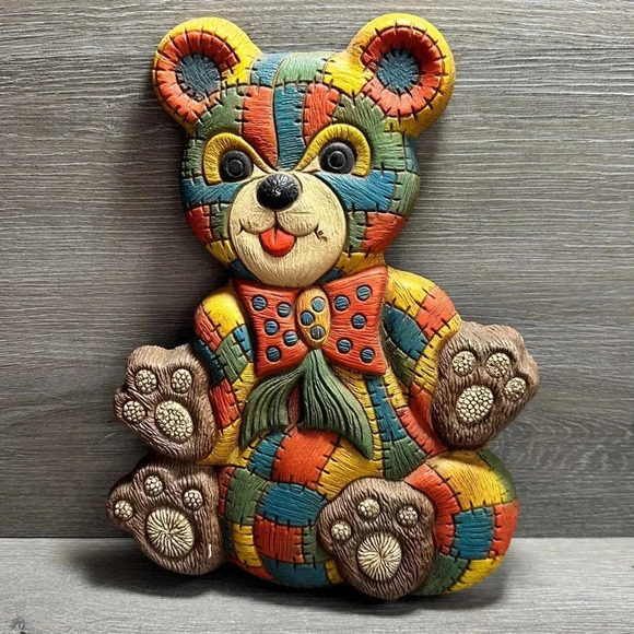 VTG Foam Craft 1970s Multi Color Patchwork Quilted Teddy Bear Wall Hang 12.5" - Picture 1 of 3